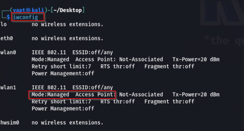 A screenshot displaying the output of the iwconfig command in a terminal, showing two wireless interfaces, wlan0 and wlan1, both in 'Managed' mode and not associated with any access point.