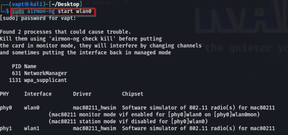 A screenshot of a terminal window where the airmon-ng start wlan0 command has been entered to initiate monitor mode on the wireless interface wlan0.