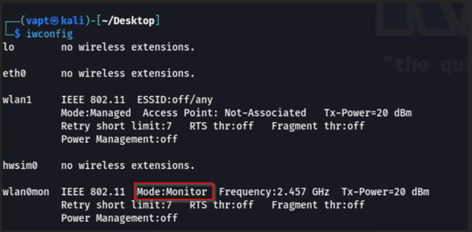 A screenshot of a terminal window showing the output of the iwconfig command with a network interface set to 'Monitor' mode highlighted.
