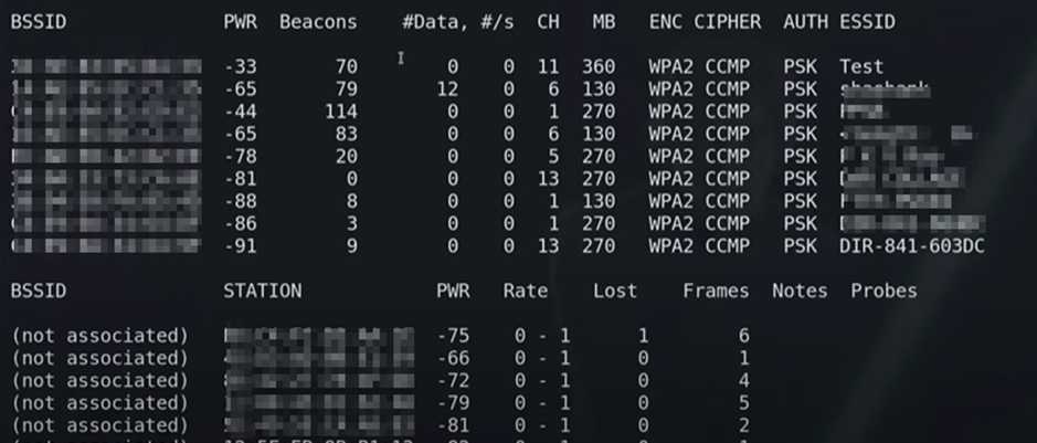 A screenshot of a network scanning tool displaying various wireless networks with blurred BSSIDs and one network named "Test" clearly shown, including signal strength, data packets, and encryption details.