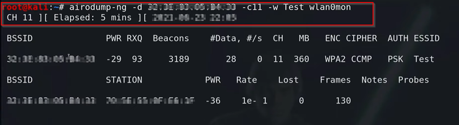 A screenshot of a terminal window showing the output of the airodump-ng command monitoring a specific wireless network, displaying network details such as BSSID, power, beacons, and encryption type.