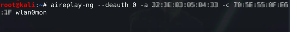 A screenshot of a terminal window displaying the command aireplay-ng for initiating a deauthentication attack on a wireless network interface.