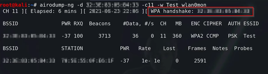 A screenshot of a terminal window showing the output of the command airodump-ng capturing wireless network data, with a focus on a captured WPA handshake for network analysis.
