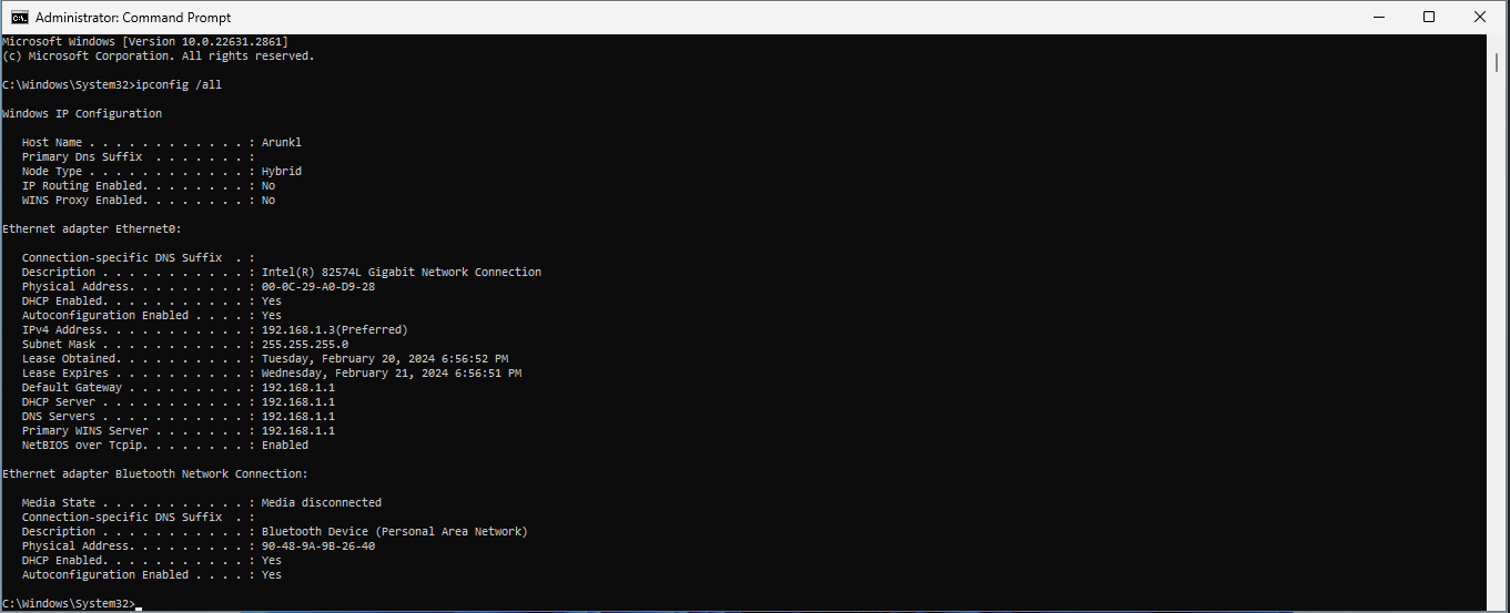 Screenshot of a Command Prompt window showing the output of the 'ipconfig /all' command, displaying detailed network configuration information on a Windows computer.