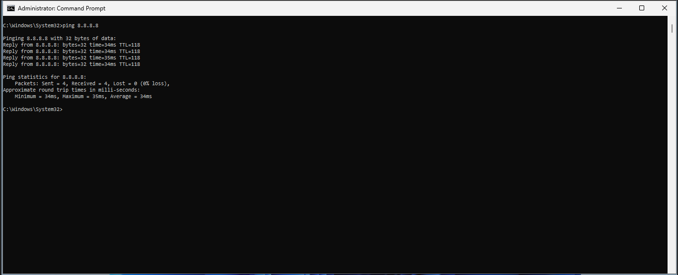 Screenshot of an Administrator Command Prompt window showing the results of the 'ping 8.8.8.8' command with successful replies indicating network connectivity.