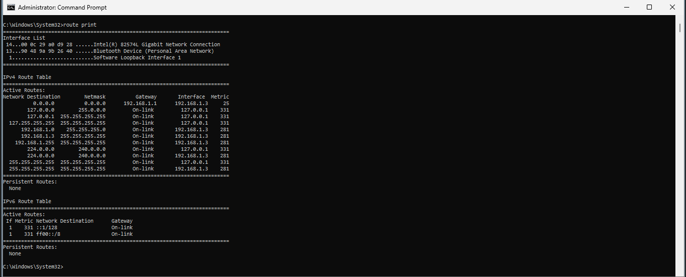 Command Prompt window displaying the results of the 'route print' command, showing a list of network interfaces and the IPv4 and IPv6 routing tables on a Windows system.
