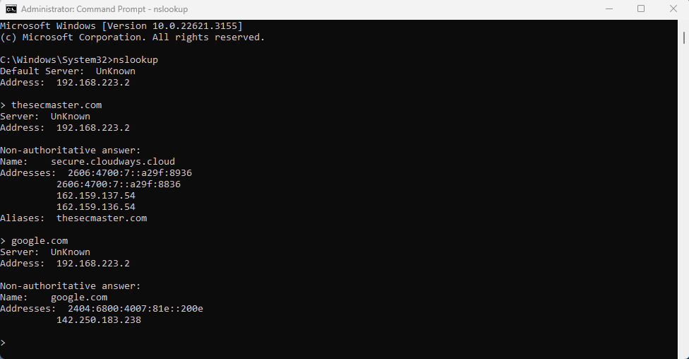 Screenshot of a Windows Command Prompt window displaying the result of an 'nslookup' command for the domain 'local.airtelfiber.com' with the resolved IP address '192.168.1.1'.