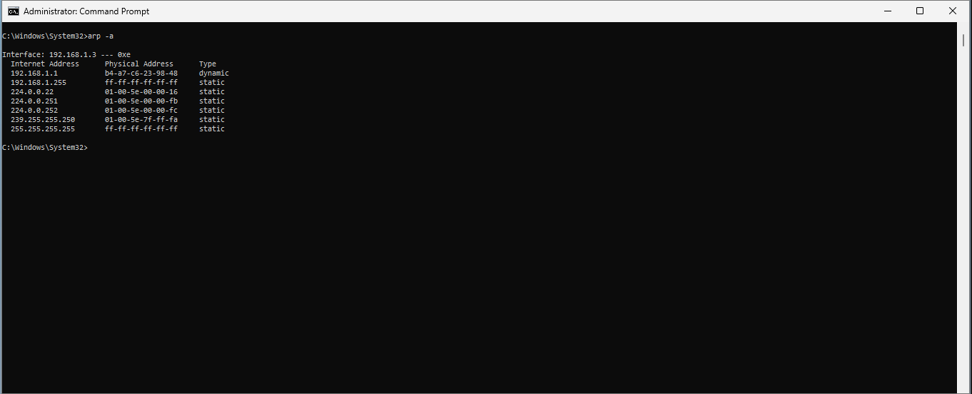 Screenshot of a Windows Command Prompt window displaying the results of the ARP command, showing a list of IP addresses and their associated MAC addresses.
