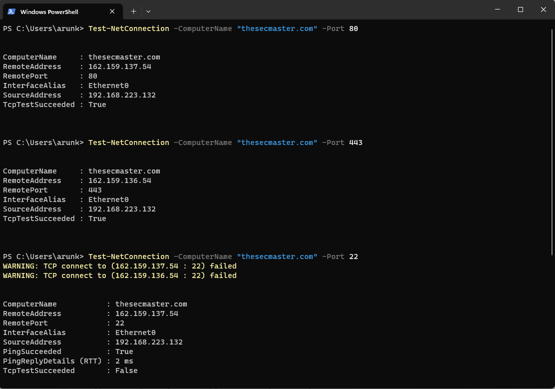 A Windows Command Prompt window displaying error messages for nslookup and Test-NetConnection commands due to non-existent domains.