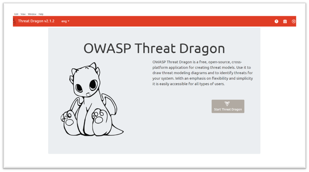 Screenshot of the OWASP Threat Dragon version 2.1.2 start page, featuring a description of the application and a 'Start Threat Dragon' button.