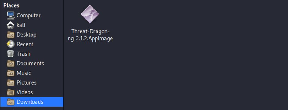 File icon for Threat-Dragon-ng-2.1.2.AppImage, indicating a downloaded application on a Kali Linux system's file explorer sidebar.