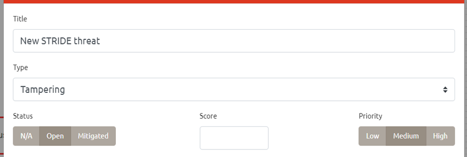 A form for reporting a new STRIDE threat categorized as 'Tampering' with selectable status options and priority levels.