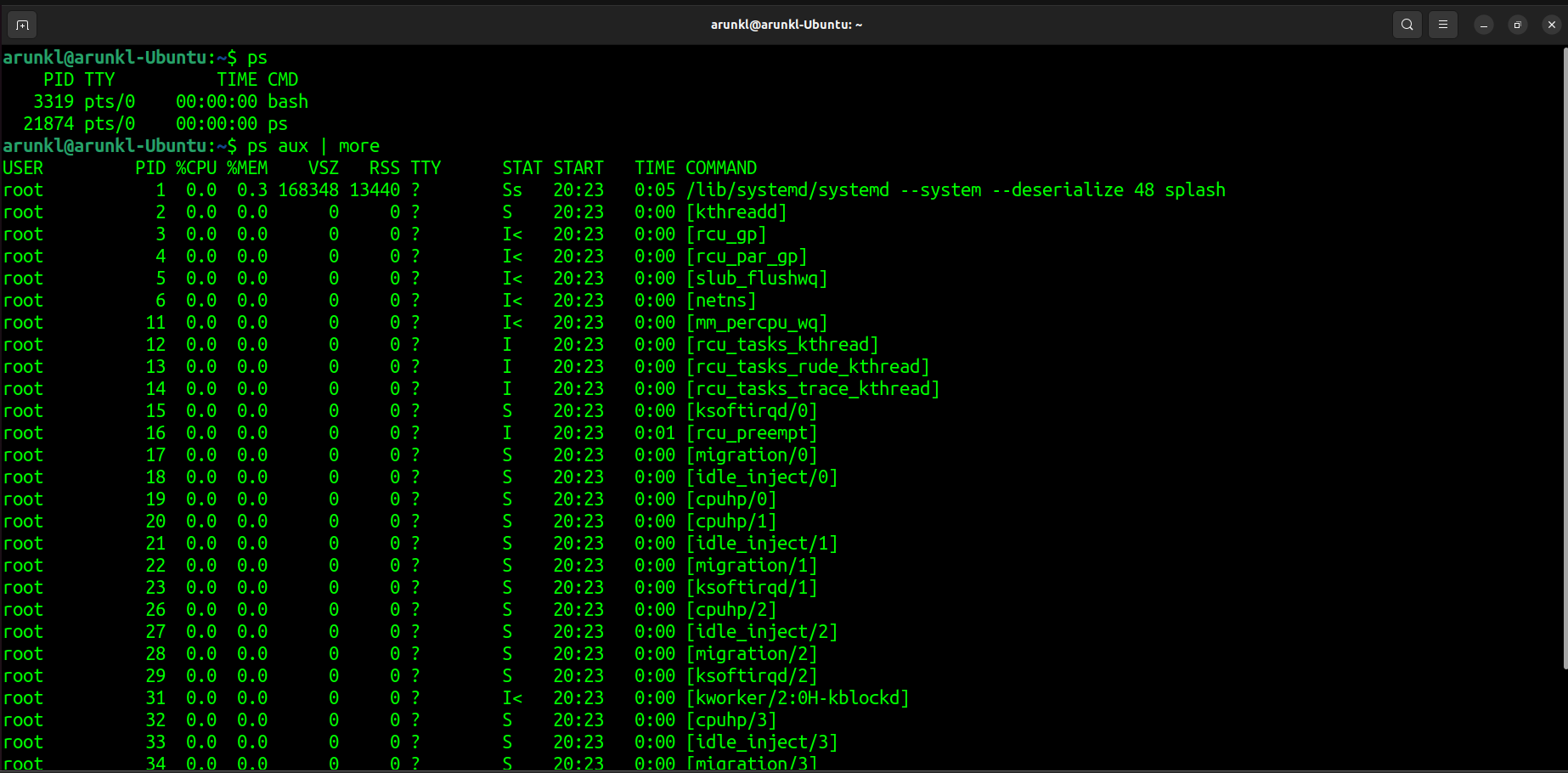 A screenshot of a terminal window on Ubuntu showing the output of the 'ps' and 'ps aux | more' commands, listing various system processes and their details such as PID, CPU usage, and memory usage.