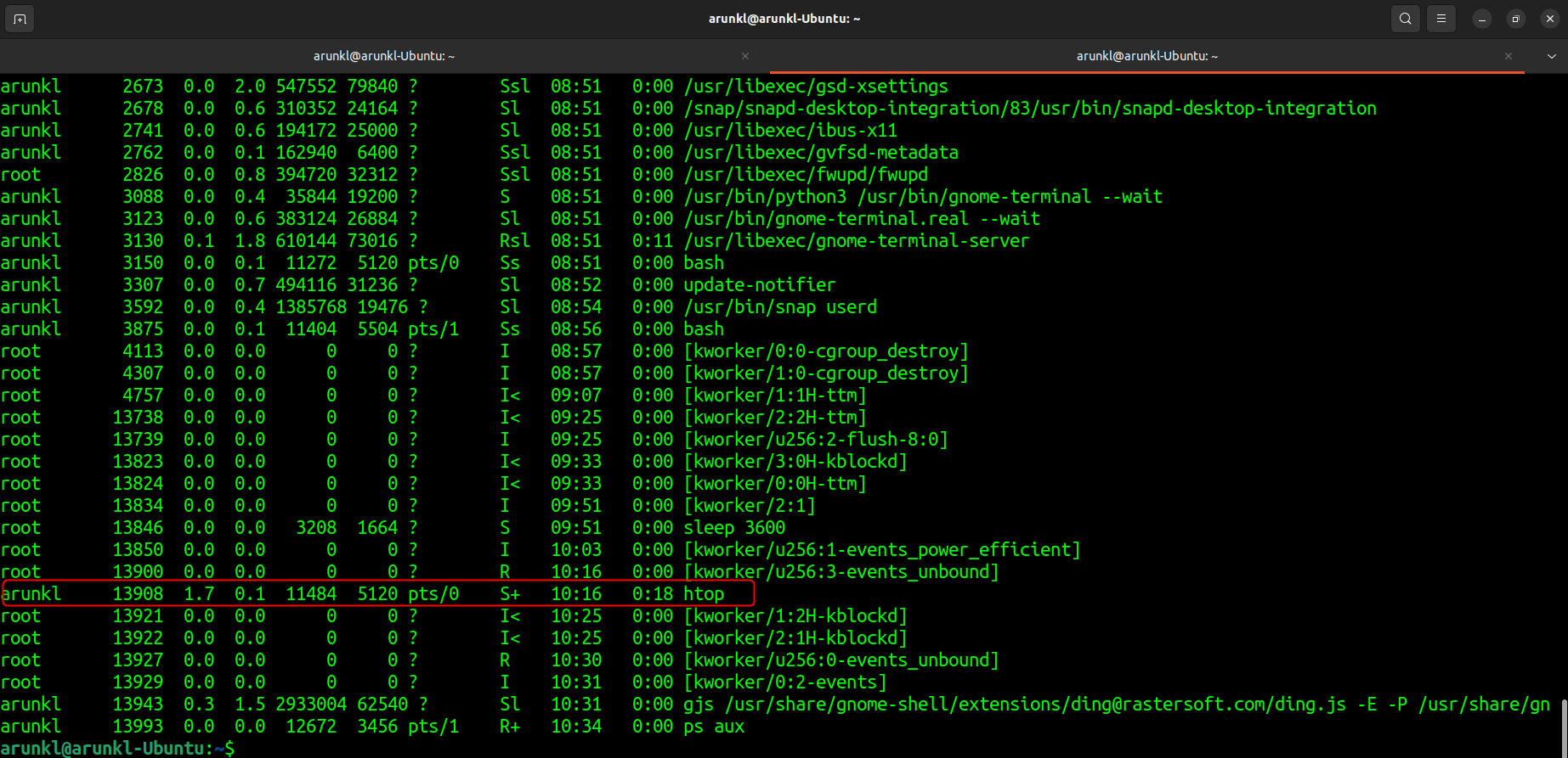 A screenshot of a Linux terminal displaying the output of the 'ps aux' command, listing active processes and their respective resource usage.