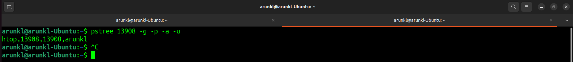 Screenshot of a Linux terminal where the user has executed the 'pstree' command to visualize the process hierarchy of the 'htop' command.