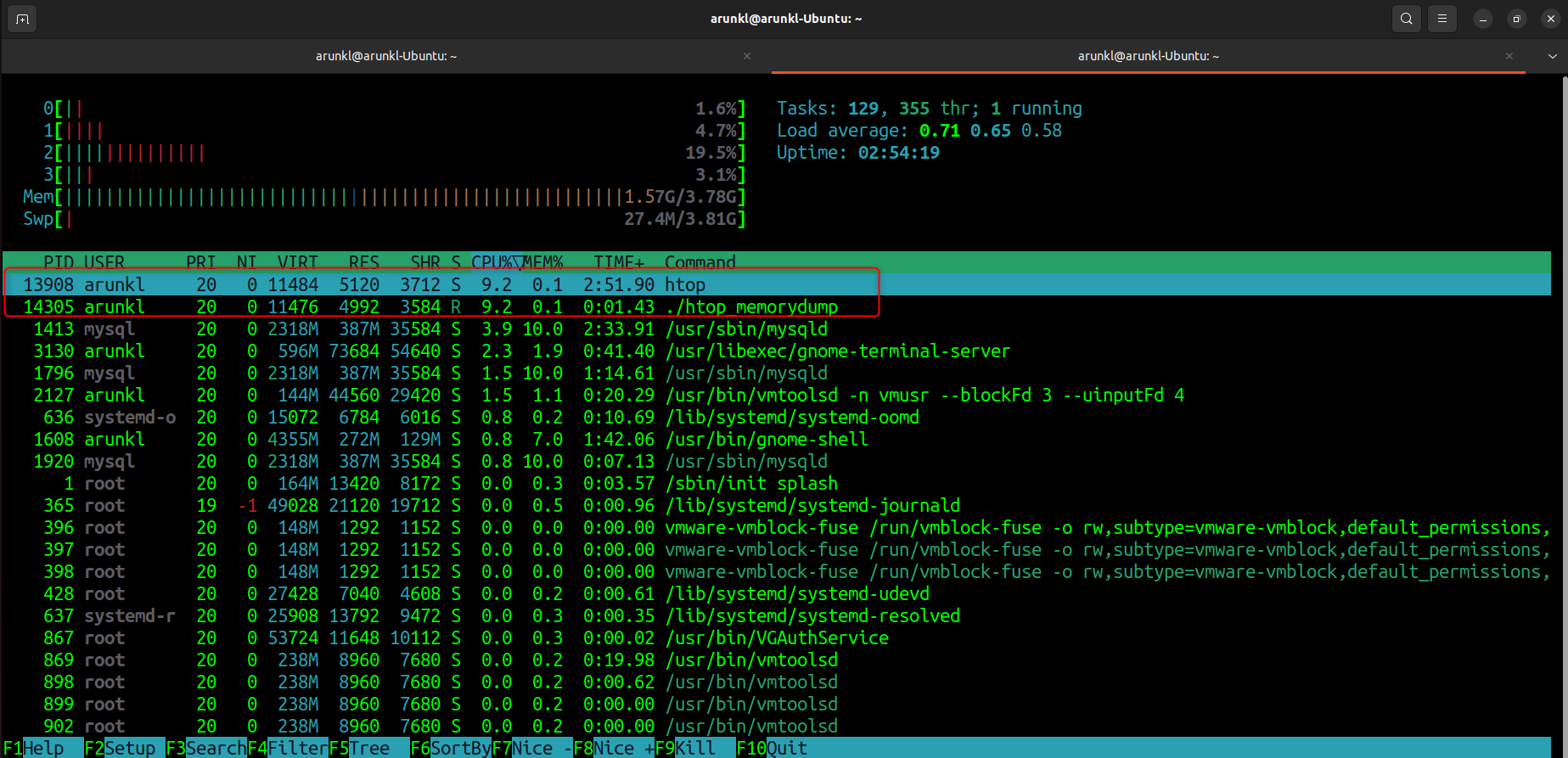 A screenshot of an htop session in a Linux terminal, displaying system processes and resource usage, with one process 'htop_memorydump' being highlighted.
