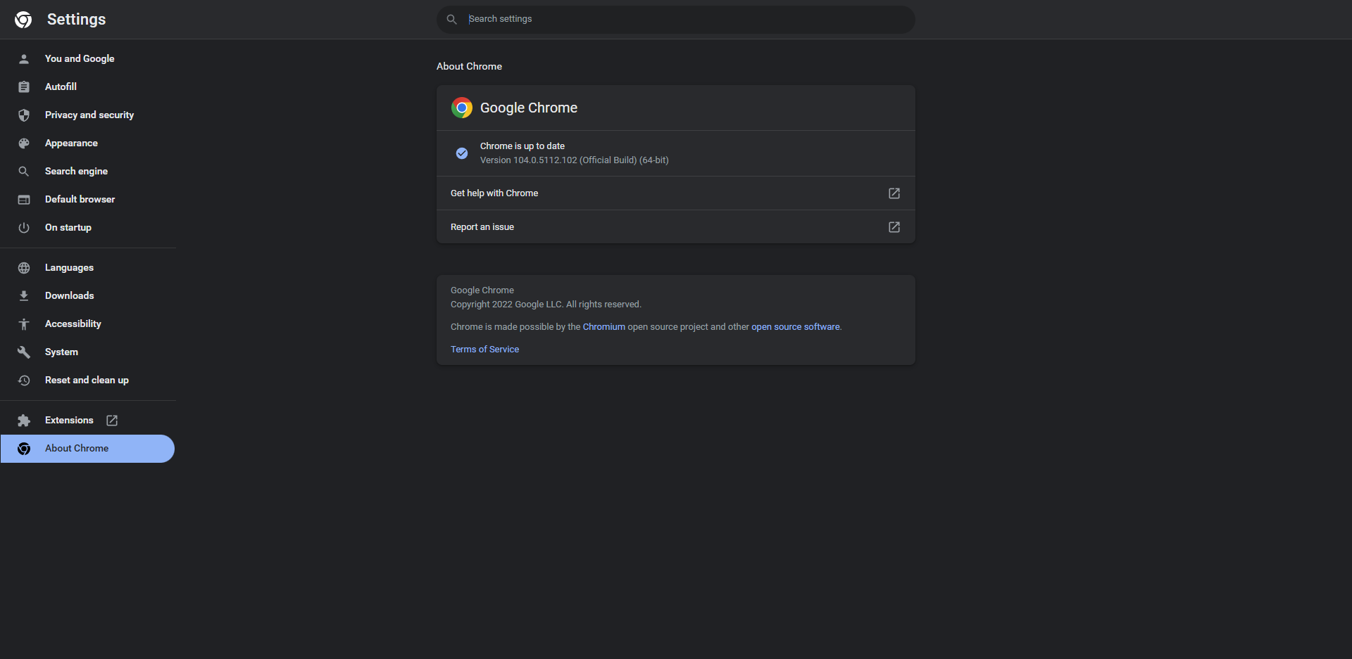 Screenshot of the 'About Chrome' settings page showing that Google Chrome is up to date with Version 104.0.5112.102 (Official Build) (64-bit).
