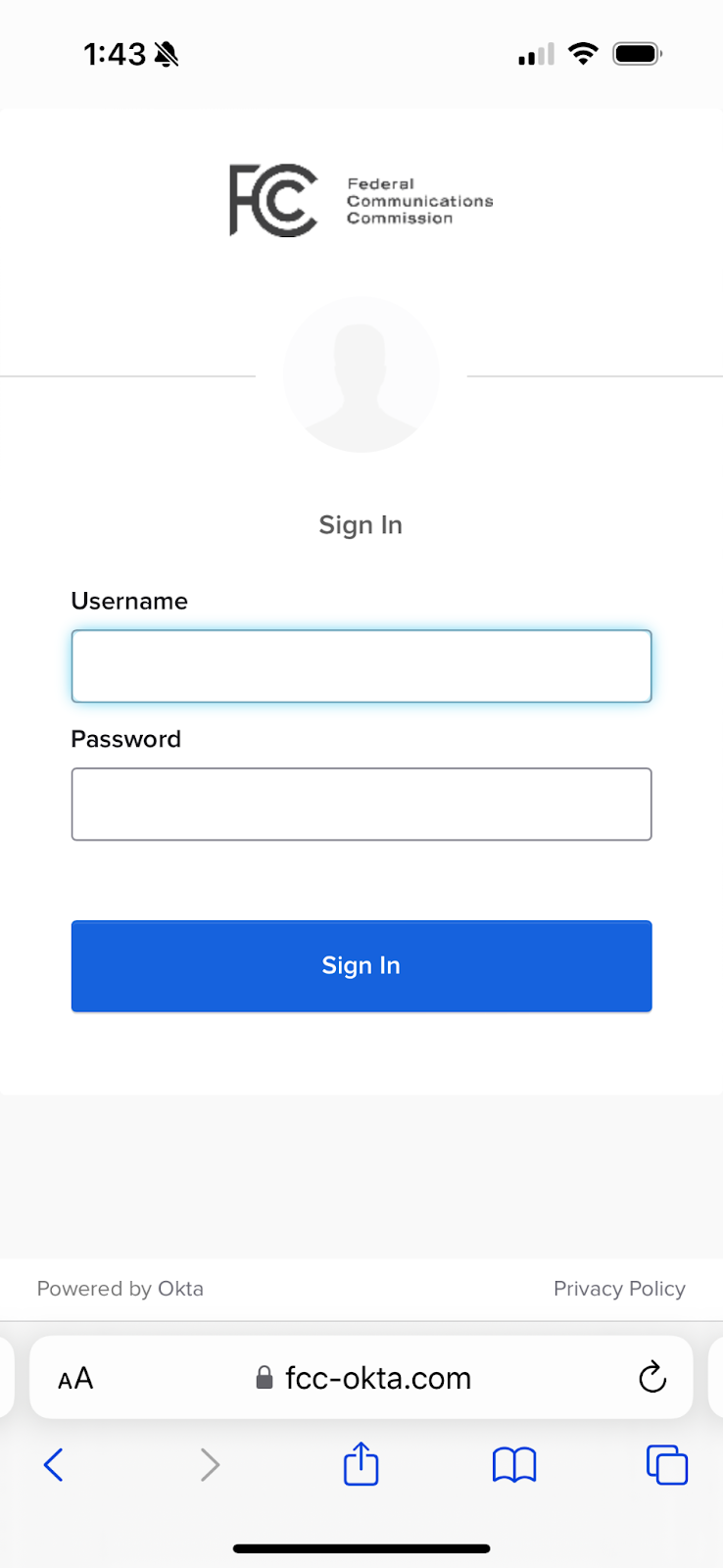 A mobile screenshot of the FCC sign-in page with fields for username and password, powered by Okta.