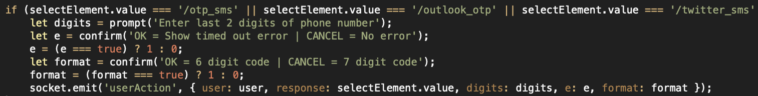 Code snippet in JavaScript for an interactive prompt to enter the last two digits of a phone number and a confirmation dialog for timeout and code format.