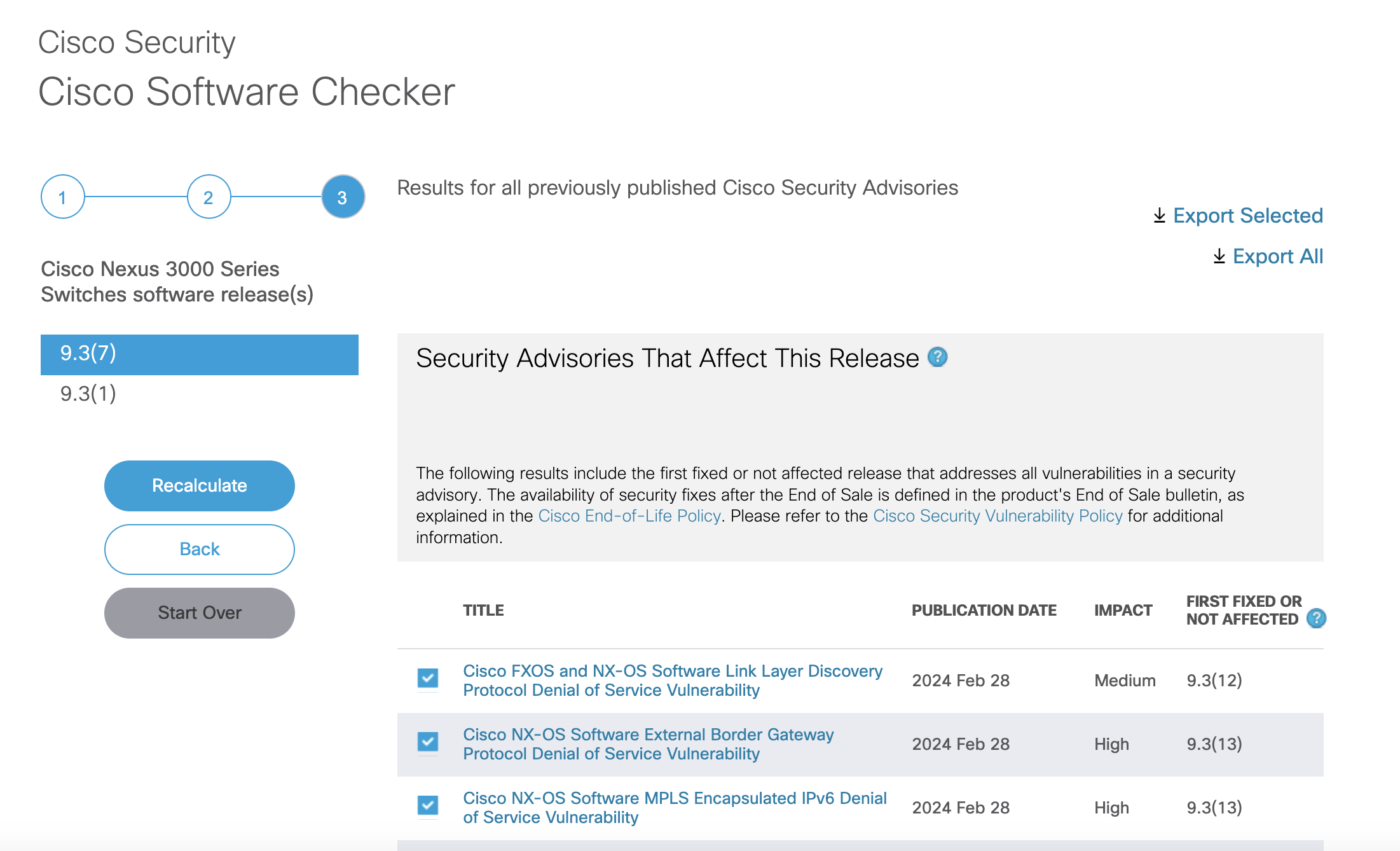 Screenshot of the Cisco Software Checker tool displaying a list of security advisories for Cisco Nexus 3000 Series Switches software releases.