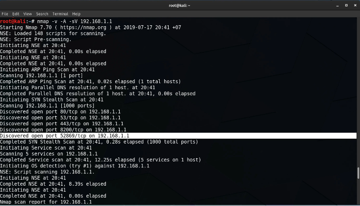 A screenshot of a Kali Linux terminal running an Nmap network scan, highlighting various open ports on the scanned system.