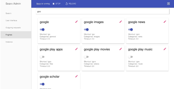 A graphical user interface of Searx Admin displaying customizable search shortcuts for Google, Google Images, Google News, Google Play Apps, Google Play Movies, Google Play Music, and Google Scholar.