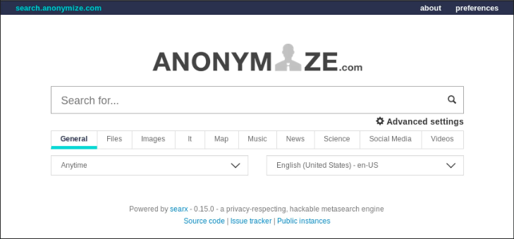 The search interface of ANONYMIZE.com, featuring a simple search bar with tabs for general, files, images, IT, map, music, news, science, social media, videos, and advanced settings, all highlighting the website's focus on privacy.
