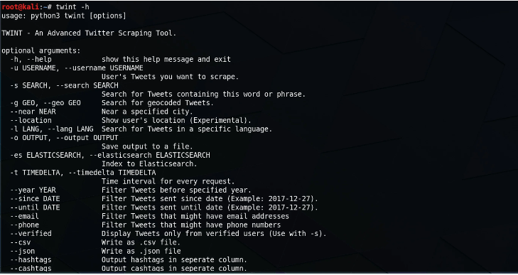 A terminal display showing the usage instructions and options for TWINT, a command-line Twitter scraping tool designed to collect tweets based on various search criteria.