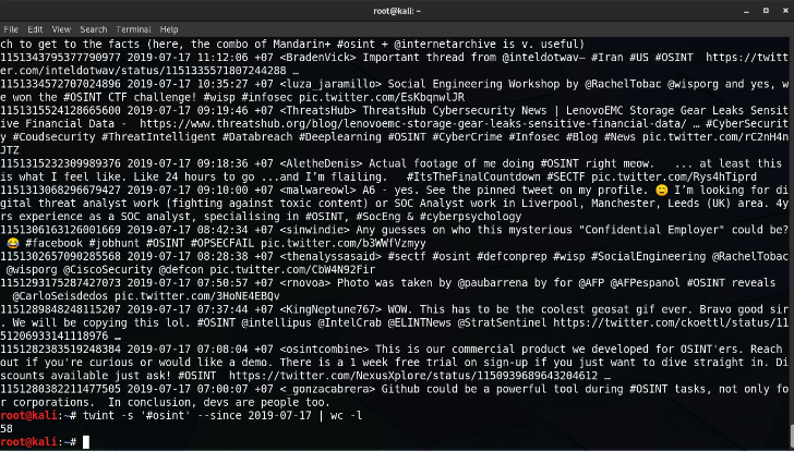 A screenshot of a Linux terminal showing TWINT command line output with a stream of tweets related to #OSINT, including user handles and tweet excerpts.