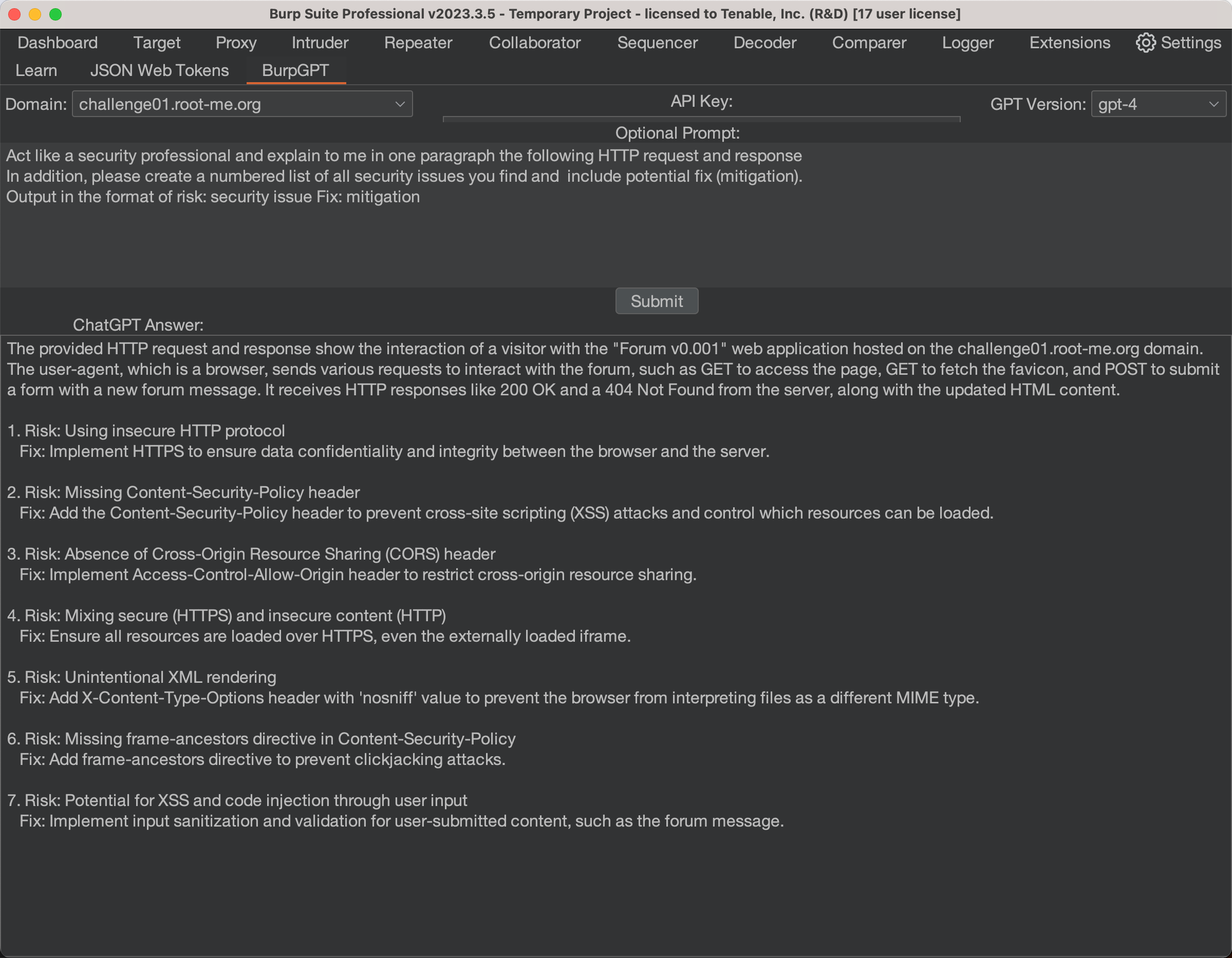 Screenshot of Burp Suite with a ChatGPT answer listing web security risks and corresponding mitigation strategies.