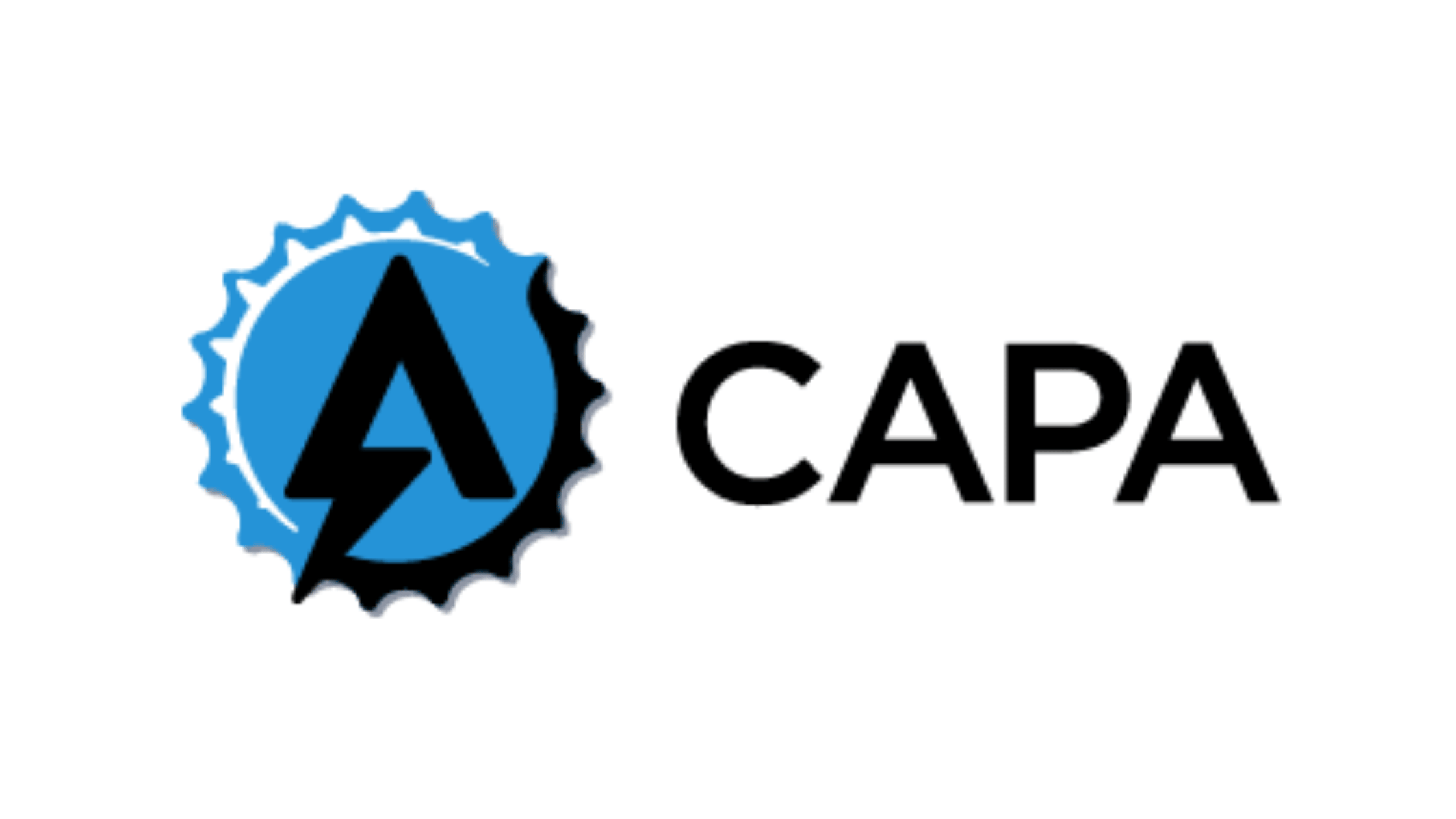 Logo featuring the acronym "CAPA" with stylized lightning bolts inside the letter "A"s, set against a blue gear with a jagged edge.