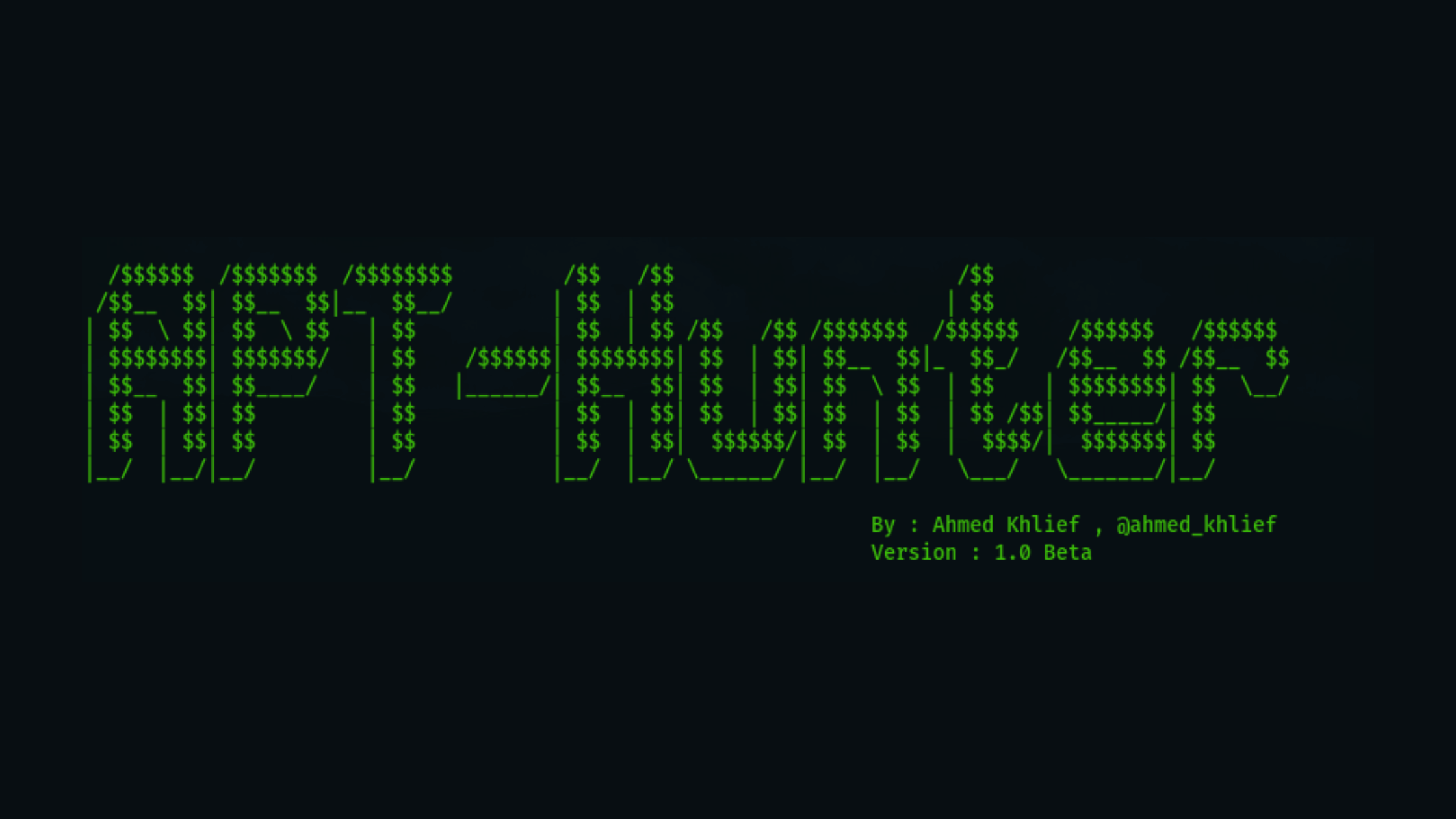 ASCII art of the text "APT-Hunter" with a graphical representation of a hunter aiming a rifle, with the creator's name "Ahmed Khilef" and the version "1.0 Beta" listed below.