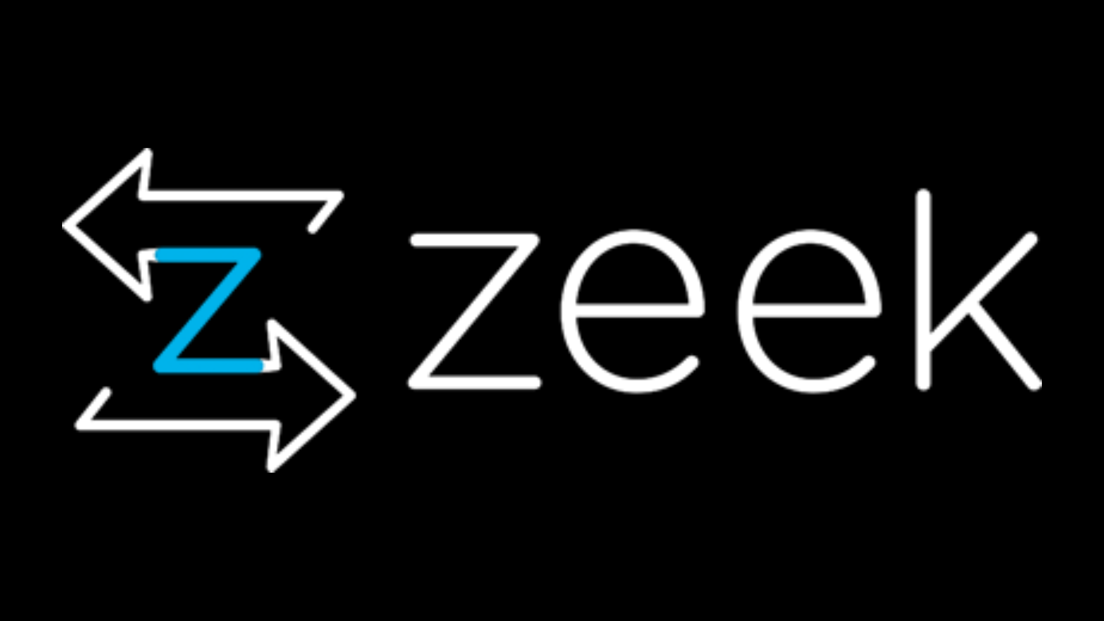 Logo of Zeek, showing a stylized letter 'Z' with blue arrows pointing left and right, above the word 'zeek' in white font on a black background.
