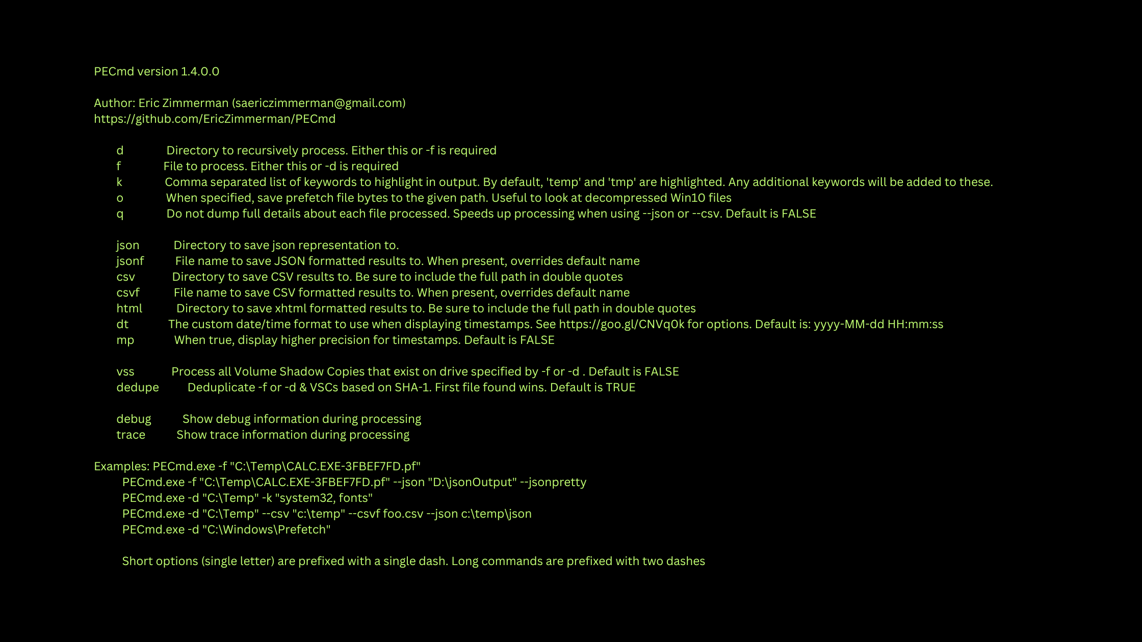 A text document showing the command line options and usage instructions for PECmd version 1.4.0.0, a tool by Eric Zimmerman. The options include specifying directories to process files, saving results in various formats like JSON and CSV, displaying debug information, and more. Examples of how to use the tool are provided at the bottom.