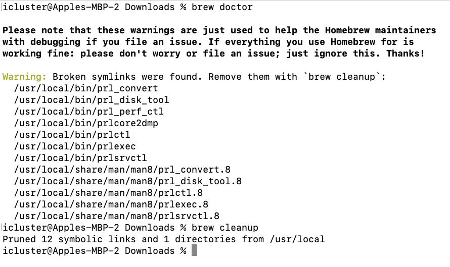 Screenshot of a terminal session on Mac where the 'brew doctor' command lists broken symlinks and the 'brew cleanup' command is run to remove them.