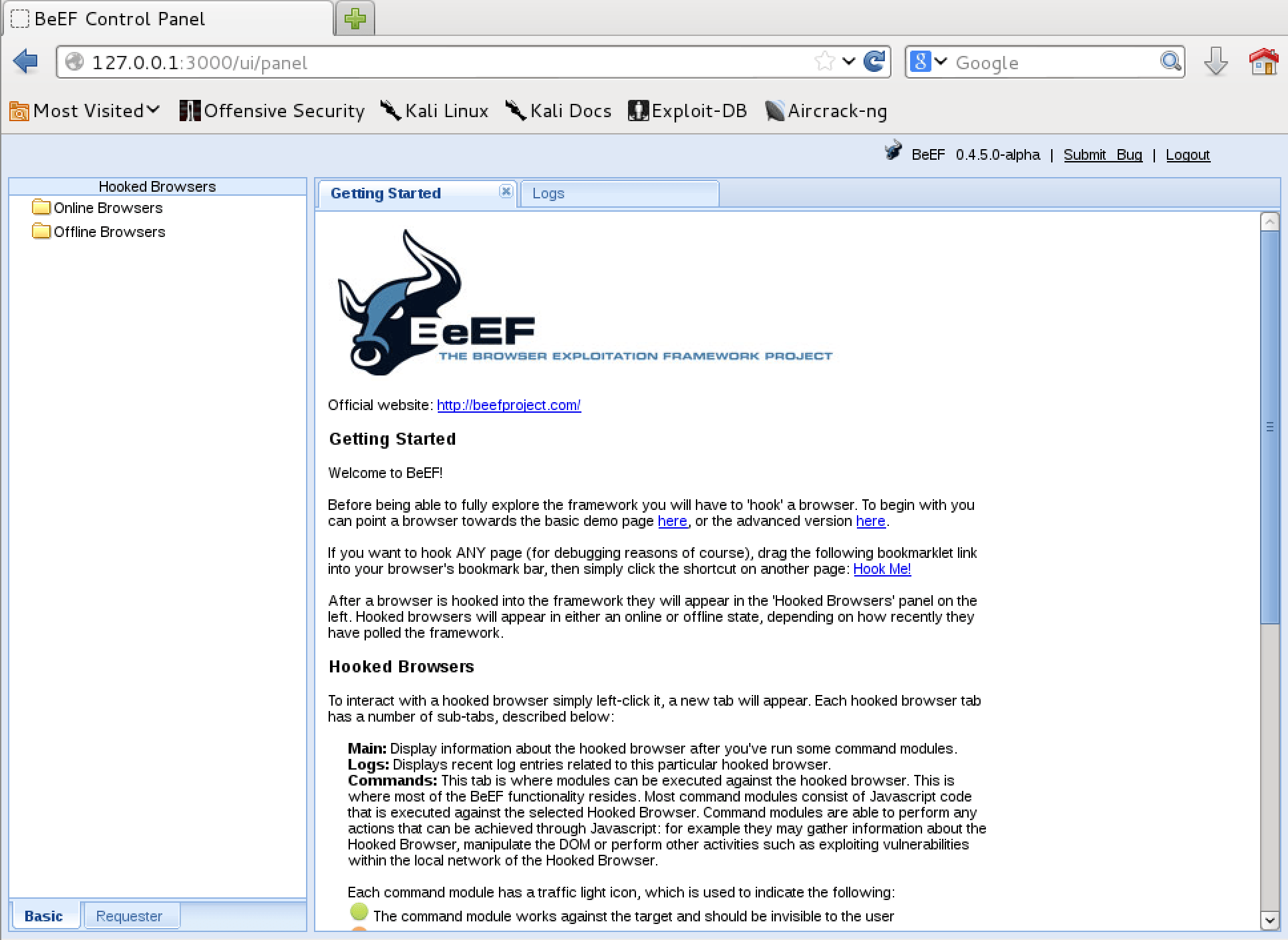 Screenshot of the BeEF (Browser Exploitation Framework) Control Panel interface accessed through a web browser on a Kali Linux operating system.