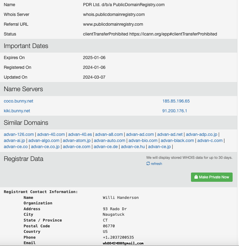 Screenshot of a WHOIS lookup result displaying domain information for advansed-ip-scanner.net, including status, important dates, name servers, similar domains, and registrar data.