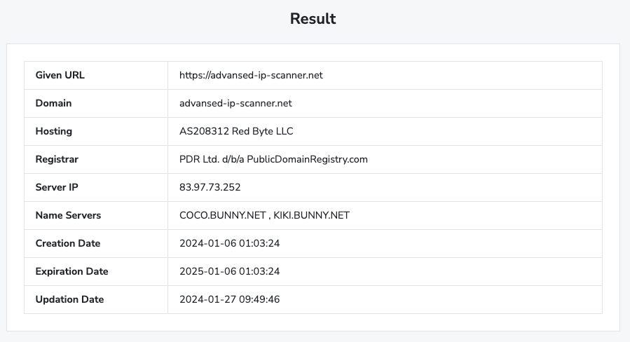 Screenshot of hosting details for the domain advansed-ip-scanner.net, including the URL, domain, hosting provider, registrar, server IP, name servers, and dates of creation, expiration, and last update.