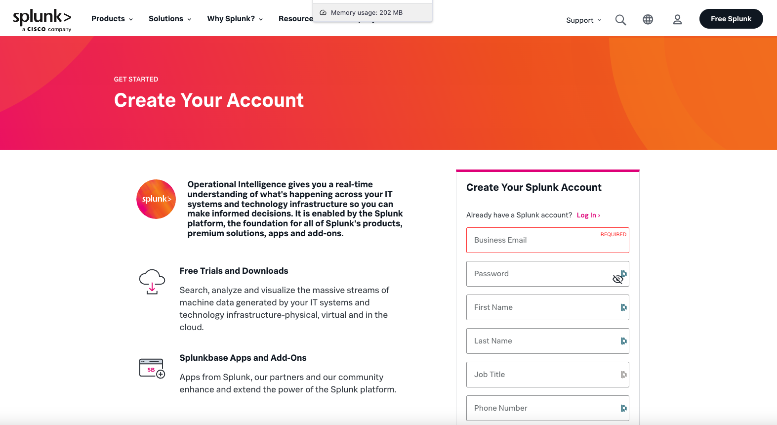 A Splunk registration form to create a free account, highlighting the benefits of operational intelligence and Splunk apps.