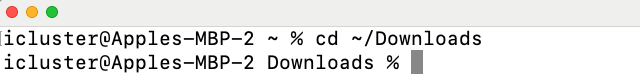 Command line terminal showing current directory as "/Downloads" on an Apple MacBook Pro.