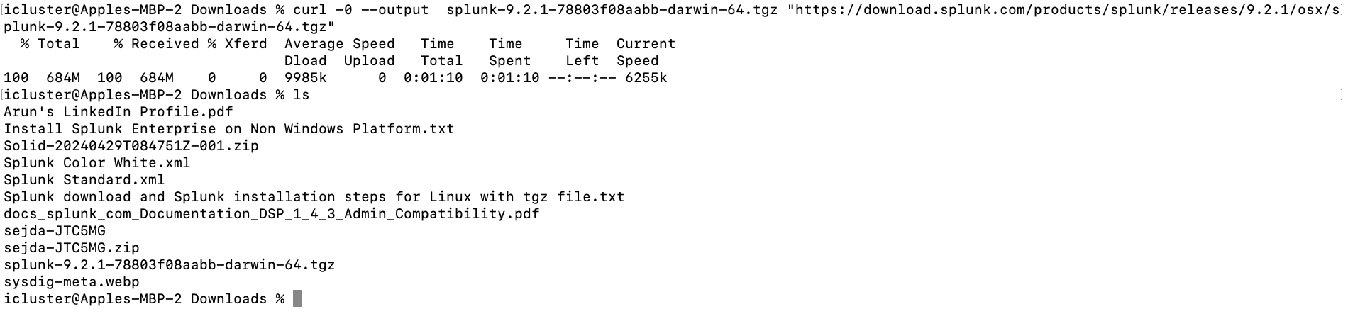 Terminal output showing curl command downloading splunk-9.2.1-78803f08aabb-darwin-64.tgz file with download progress details like speed, time, and file size.