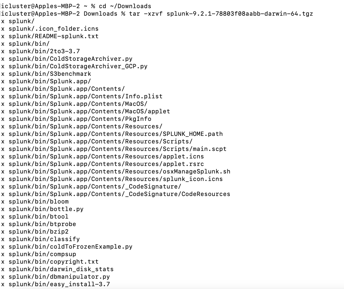 The image shows a terminal output listing the contents of a directory called "splunk" which contains various files and subdirectories related to the Splunk software.