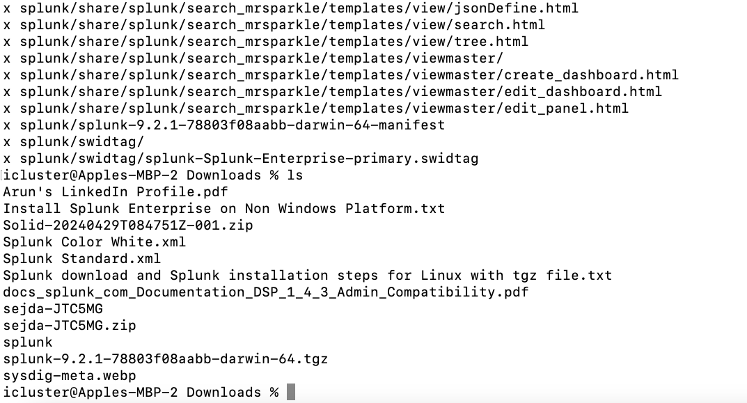 The image displays a terminal output listing the contents of a directory containing Splunk software files, including templates, dashboards, documentation, installation packages, and configuration files related to the Splunk Enterprise edition.