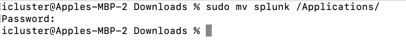 The image shows a terminal command using "sudo mv splunk /Applications/" to move the Splunk directory to the Applications folder, requiring the user to enter the administrator password.