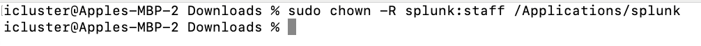 Screenshot showing terminal commands to change ownership of the Splunk application directory recursively on a macOS system.