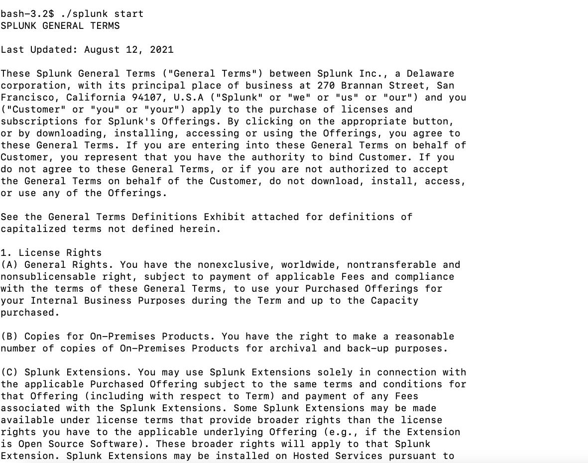 Screenshot of the Splunk General Terms license agreement shown when starting Splunk software, outlining usage rights for the core product, extensions, and hosted services.