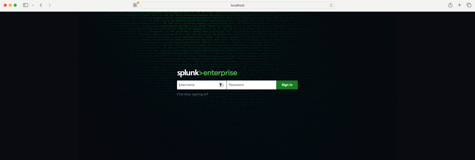 Web browser displaying the Splunk Enterprise login page with username and password fields on a dark background with computer code.