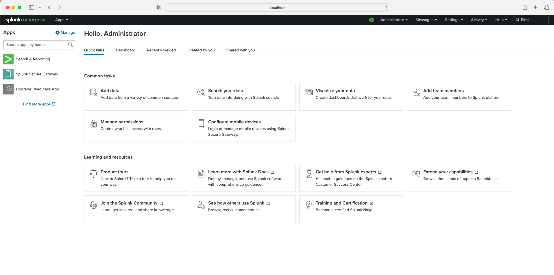 Splunk Enterprise main console screen displaying options for apps, quick links, common tasks, and learning resources for the administrator.