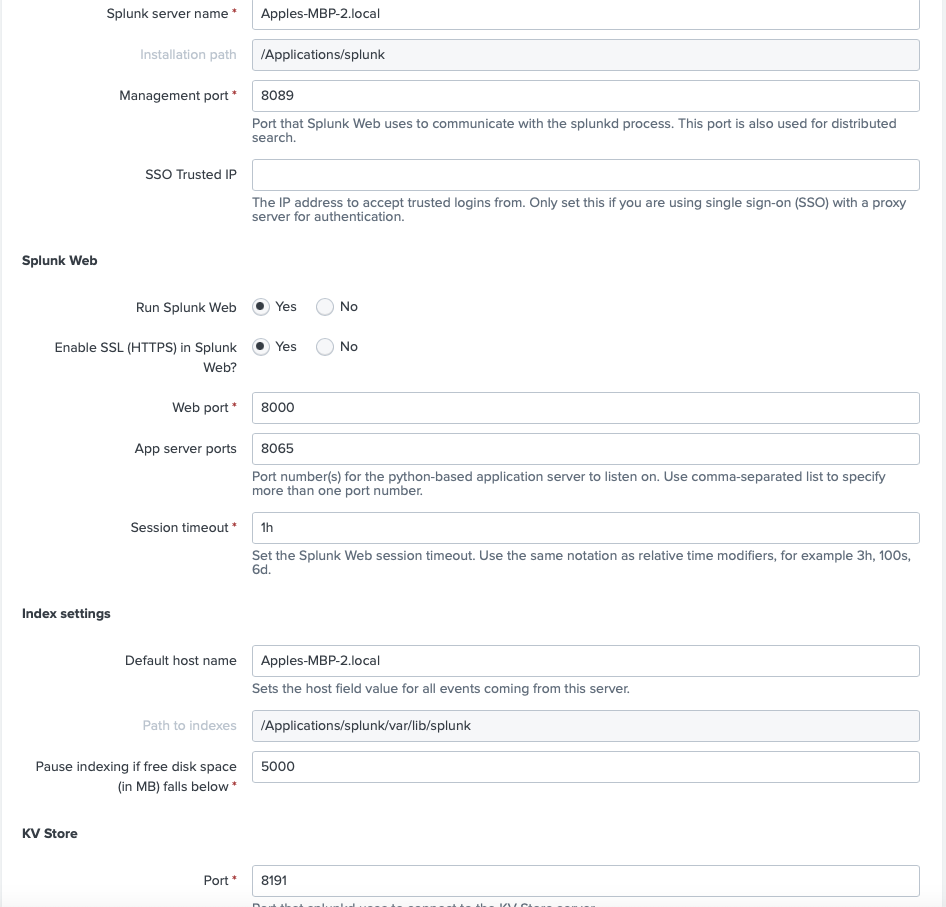 Configuration settings interface in Splunk Enterprise detailing server name, installation path, ports for management and web access, SSL options, and index settings.