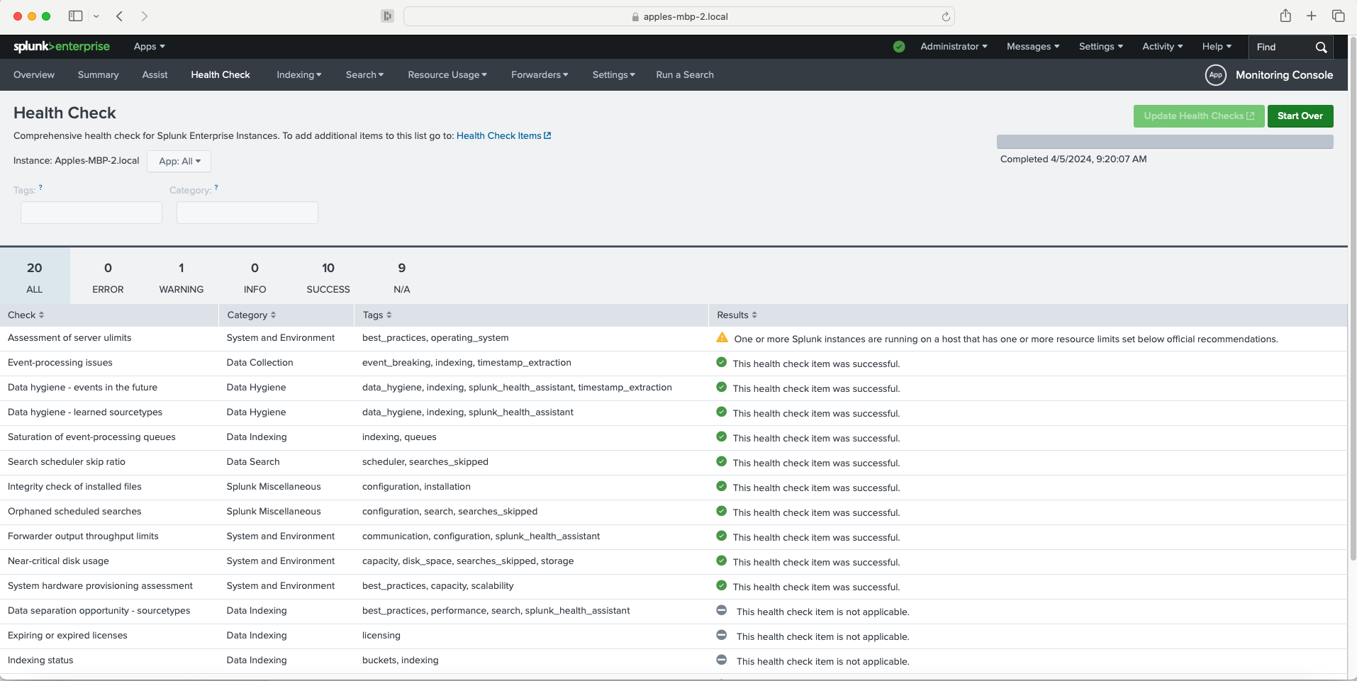 Screen showing a comprehensive health check for Splunk Enterprise, with statistics on errors, warnings, successes, and various system assessments.